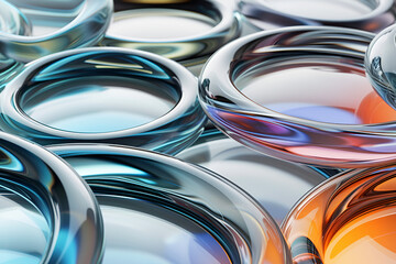 Glass circle shapes with colorful reflections composition. 3d rendering illustration