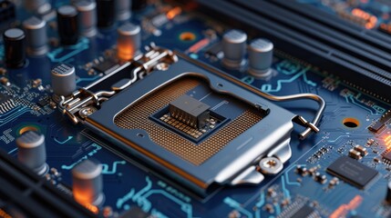 Design a wide banner with a close-up of a computer motherboard 