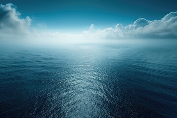 A photograph showcasing a large expanse of water with billowing clouds enveloping the surroundings, A breathtaking aerial view of the deep blue sea meeting the horizon, AI Generated - obrazy, fototapety, plakaty