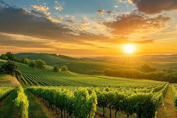 Naklejka premium A photo capturing the moment as the sun sets over a sprawling vineyard, casting a warm glow on the landscape, A breathtaking view of a vineyard at sunset, AI Generated