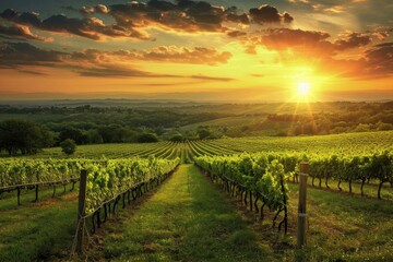 Fototapeta premium A photo capturing the natural beauty of the sun setting over a vineyard, showcasing the vibrant colors and serene atmosphere of the scene, A breathtaking view of a vineyard at sunset, AI Generated