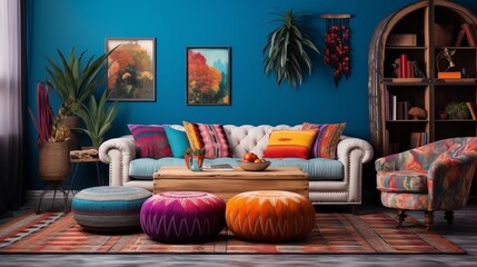 Opt for a mix of patterns, textures, and colors in rugs, poufs, and blankets to achieve the eclectic and boho-chic lookar