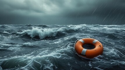 Orange life buoy floating in stormy ocean. - obrazy, fototapety, plakaty
