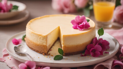 Obraz na płótnie Canvas looking down plate of cheesecake, pink flowers everywhere, vintage look, cinematic lighting, food photography, beautiful, delicious food, recipe photography, realistic, natural light, colorful, food.