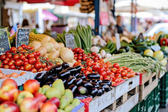 A vibrant assortment of fresh fruits and vegetables showcased on stands at a bustling market, A bustling farmers market bursting with colorful summer fruits and vegetables, AI Generated