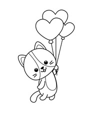 Coloring book. Flying kitten. Balloons. Black and white cat. Vector