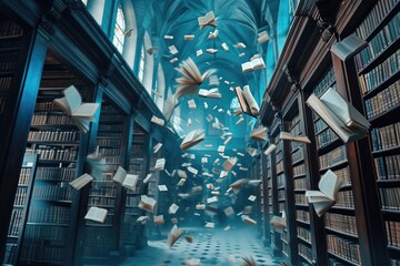 A library filled with numerous books flying through the air in a chaotic yet exhilarating spectacle, A calm, serene library filled with holographic books floating in the air, AI Generated - obrazy, fototapety, plakaty