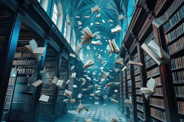 Fotobehang A library filled with numerous books flying through the air in a chaotic yet exhilarating spectacle, A calm, serene library filled with holographic books floating in the air, AI Generated © Ifti Digital