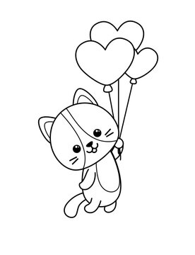 Coloring book. Flying kitten. Balloons. Black and white cat. Vector