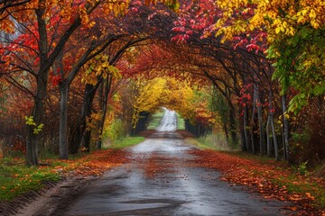 Fototapeta na wymiar A road surrounded by a row of trees leading towards the horizon, A canopy of colorful autumn trees over a country road, AI Generated
