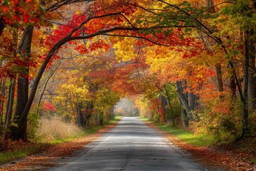Naklejka premium A scenic road winding through a forest filled with vibrant autumn foliage, A canopy of colorful autumn trees over a country road, AI Generated