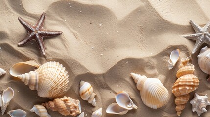 Top-down beach scene with sand, shells, and starfish in a flat icon style view. - obrazy, fototapety, plakaty
