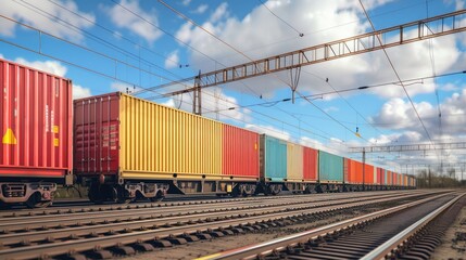 Fototapeta na wymiar freight train cart carrying containers against a backdrop of the sky