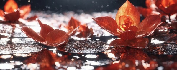 there are many red flowers floating on the water in the rain