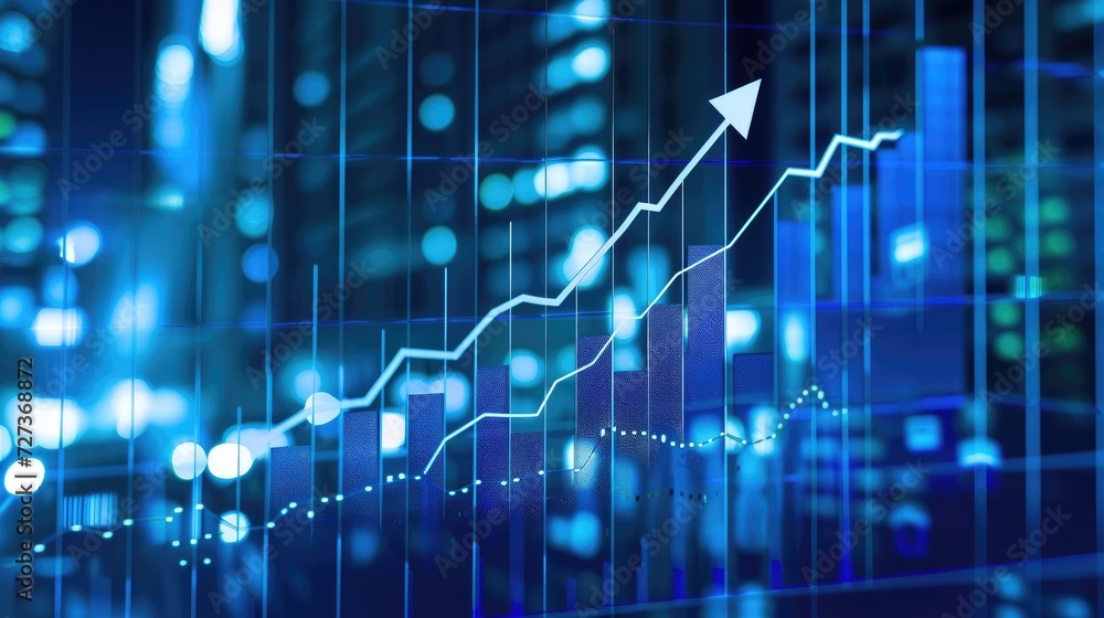 Wall mural Blue backdrop with financial bar chart, uptrend line, and widescreen abstract stock market graph.