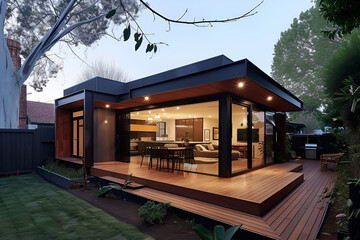 Fototapeta premium The renovation of a modern home extension in Melbourne includes the addition of a deck, patio, and courtyard area