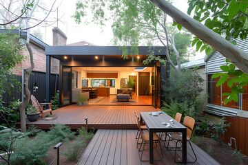 Fototapeta premium The renovation of a modern home extension in Melbourne includes the addition of a deck, patio, and courtyard area