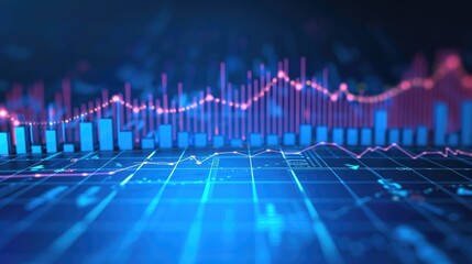 Blue backdrop with financial bar chart, uptrend line, and widescreen abstract stock market graph. - obrazy, fototapety, plakaty