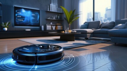 Scheduled robot vacuum with wireless connectivity, futuristic design, HUD data, and controls for cleaning a living room. - obrazy, fototapety, plakaty