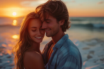 a young happy couple on the seashore, basked in the warm and golden light of the sunset