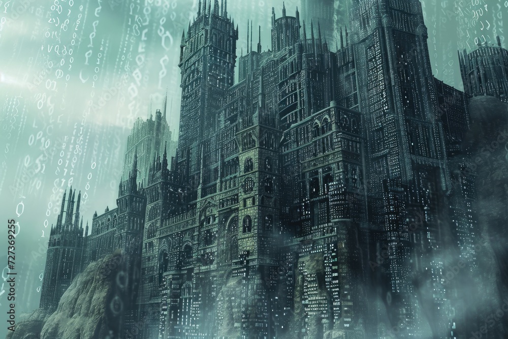 Poster computer generated image of a futuristic city, a castle made up of binary code signifying strong def