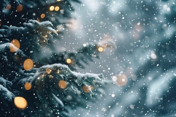 Fototapeta premium A festive Christmas tree adorned with twinkling lights stands amidst a snowy landscape, A chilly scene of snowflakes softly falling on Christmas Eve, AI Generated