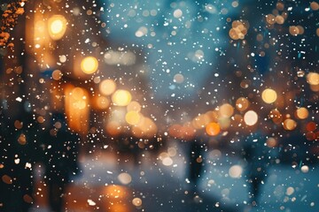 Obraz premium Blurry Image of a City Street at Night, A chilly scene of snowflakes softly falling on Christmas Eve, AI Generated