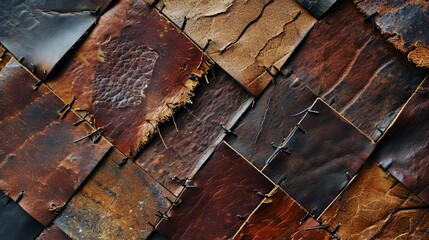 detailed texture of stitched leather pieces, varied brown tones, high-resolution image