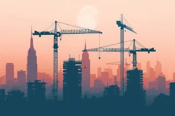 Fotobehang A busy city skyline featuring multiple cranes in the foreground, showcasing ongoing construction activities, A city skyline under construction featuring cranes with AI-assisted controls, AI Generated © Ifti Digital