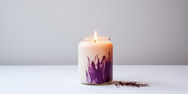  candle with purple and gold accents sit on a table,  Saint Remembrance Day concept church wax candleson a stand 

