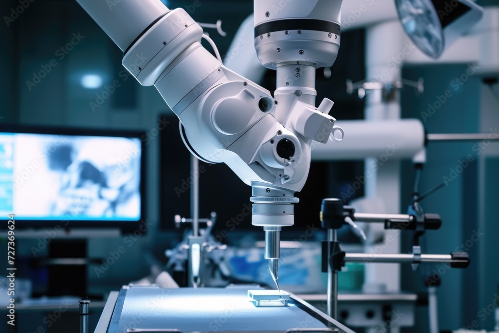 Poster a photo depicting a microscope in a laboratory setting, with a monitor visible in the background, a 