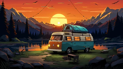 Rolgordijnen Concept of camper van and camping life © Abdulmueed