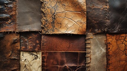 Variety of Textured Leather Patches, Detailed Close-Up, Rich Earth Tones - obrazy, fototapety, plakaty