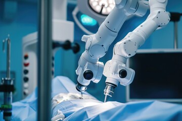 A robot expertly performs a surgical procedure on a patient in a hospital, A close-up of a robotic surgical machine performing an operation, AI Generated