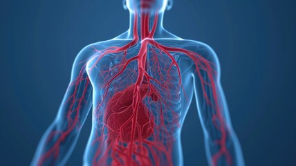 Detailed render of human circulatory system highlighting heart and major blood vessels with emphasis on arteries and veins where clots might form