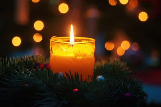 A lit candle shines brightly as it sits atop a festive Christmas tree, illuminating the ornaments and branches, A close-up of a candle glowing against a wreath, AI Generated