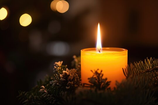 A lit candle sits on top of a table, casting a warm glow in the surrounding area, A close-up of a candle glowing against a wreath, AI Generated