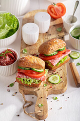 Tasty and spicy sandwich for breakfast in morning.