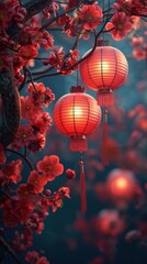 Fototapeta premium Wallpaper background for Chinese New Year featuring traditional oriental ornaments, vibrant lanterns, and rich red colors.