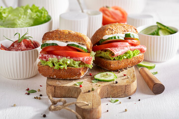 Fresh and homemade sandwich made of vegetables and salami.