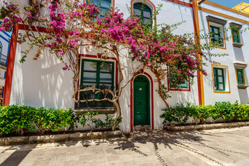 historic center of puerto de mogan with lots of bougainvillea flowers, Canary Island - 727370246