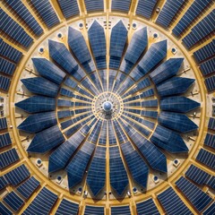 The image features a circular arrangement of blue solar panels, set against a beige background. The panels are arranged in a radial pattern, resembling the petals of a flower.