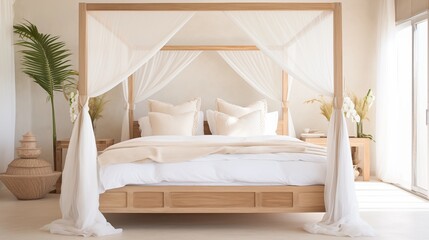 Opt for a whitewashed or light wood bed frame, complemented by crisp white linens and a light, flowing canopy for a breezy feelar