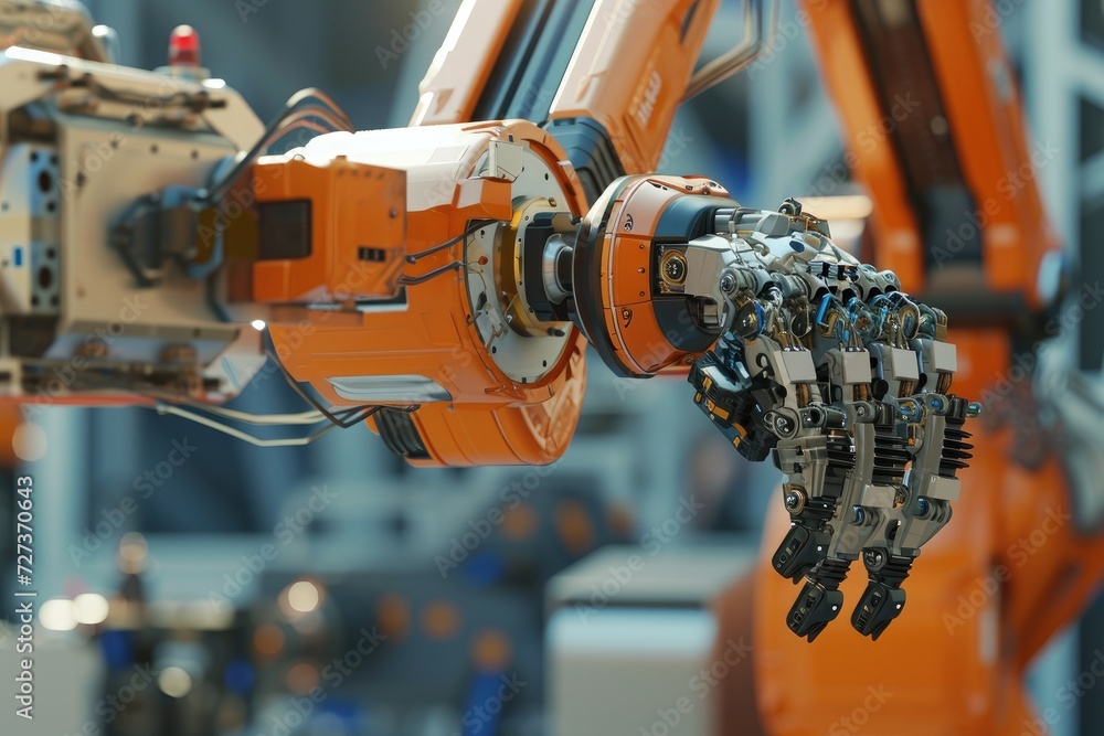 Poster a robotic arm is attached and operating alongside a machine in a factory setting, a close-up view of