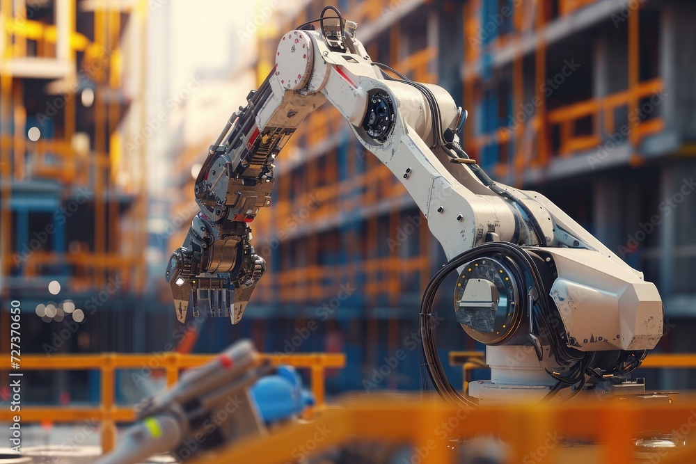 Poster a robot stands in the middle of the street, displaying its advanced humanoid design, a close-up view
