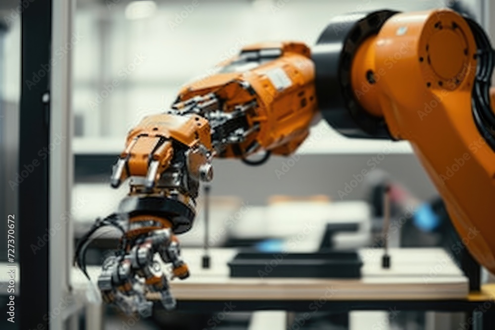 Poster a robotic arm is seen in motion as it travels along a table in a factory setting, a close-up view of