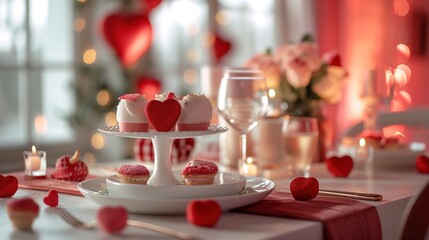 Obraz na płótnie Canvas Valentine's Themed Dining Setup with Heart-Shaped Decor