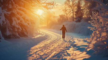 Adventurous cross country skier enjoying a serene winter journey through a beautiful trail