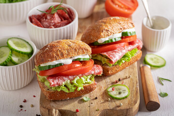 Fresh and homemade sandwich with salami, vegetables and mayonnaise.