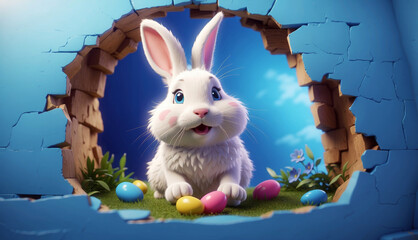 A sweet white Easter bunny looks through a hole in a wall